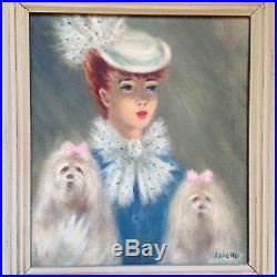 Vintage 1940s 50s Impressionist Signed Oil Portrait of a Woman with dogs