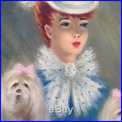 Vintage 1940s 50s Impressionist Signed Oil Portrait of a Woman with dogs