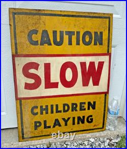 Vintage 1940s Caution Slow Children Playing Folk Art Painted Metal Framed Sign