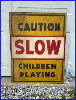 Vintage 1940s Caution Slow Children Playing Folk Art Painted Metal Framed Sign