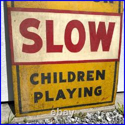 Vintage 1940s Caution Slow Children Playing Folk Art Painted Metal Framed Sign