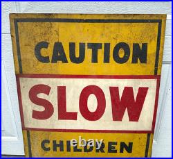 Vintage 1940s Caution Slow Children Playing Folk Art Painted Metal Framed Sign
