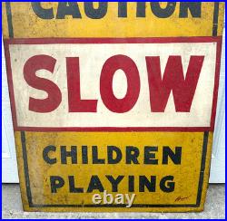 Vintage 1940s Caution Slow Children Playing Folk Art Painted Metal Framed Sign
