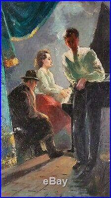 Vintage 1940s WPA Era Piano Bar Figures Night Life American Oil Painting Signed