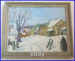 Vintage 1945 Folk Art Oil Painting Village Cape Cod Landscape Country Primitive