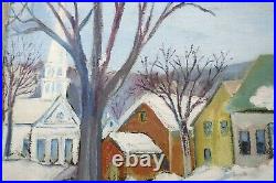 Vintage 1945 Folk Art Oil Painting Village Cape Cod Landscape Country Primitive