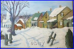 Vintage 1945 Folk Art Oil Painting Village Cape Cod Landscape Country Primitive