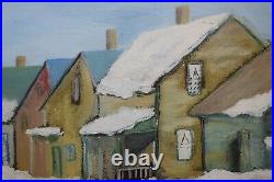 Vintage 1945 Folk Art Oil Painting Village Cape Cod Landscape Country Primitive