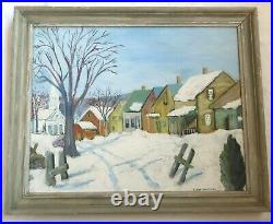 Vintage 1945 Folk Art Oil Painting Village Cape Cod Landscape Country Primitive