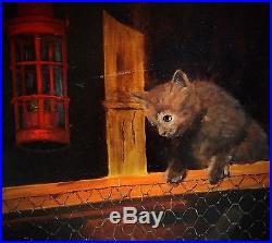 Vintage 1950's Painting Alley Cat Dark Night Signed Oil Canvas Climbing Fence