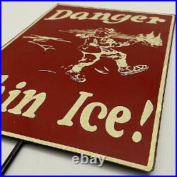 Vintage 1950s Danger Thin Ice Metal Hand-Painted Sign T. Allen Juanita Percelly