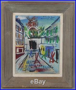 Vintage 1952 Signed French Painting, Moulin La Galette Windmill Paris France NR