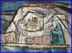 Vintage 1958 Expressionist Semi-Abstract Modern Oil on Masonite Illegibly Signed