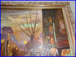Vintage 1960 Gerber signed oil painting canvas Paris at Night scene fall trees l