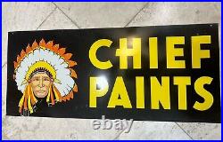 Vintage 1960's Chief Paint Paint Tin Sign Original Double Sided Indian 28x12