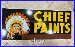 Vintage 1960's Chief Paint Paint Tin Sign Original Double Sided Indian 28x12