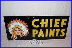 Vintage 1960's Chief Paint Paints Gas Oil 2 Sided 28 Metal Sign WithIndian