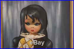 Vintage 1960's Framed Oil Painting Harlequin Girl with Big Eyes Signed Eden
