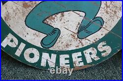 Vintage 1960's Greenhills Pioneers Ohio Large Round Wooden Painted Sign 34 Diam