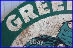 Vintage 1960's Greenhills Pioneers Ohio Large Round Wooden Painted Sign 34 Diam