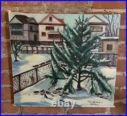 Vintage 1960's Oil On Canvas Winter Scene Signed Original Painting Christmas