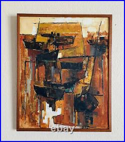 Vintage 1960's Original Cubist Abstract Nautical Oil Painting Signed