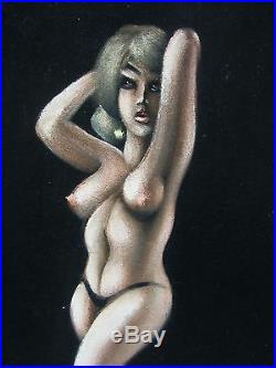 Vintage 1960s Black Velvet Nude Artwork Beauty Artist Signed standing pose Retro