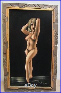 Vintage 1960s Black Velvet Nude Artwork Beauty Artist Signed standing pose Retro