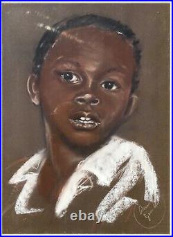 Vintage 1961 Original Oil Pastel Portrait Painting African American Boy Signed