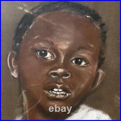 Vintage 1961 Original Oil Pastel Portrait Painting African American Boy Signed