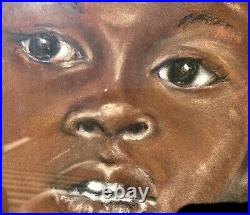 Vintage 1961 Original Oil Pastel Portrait Painting African American Boy Signed