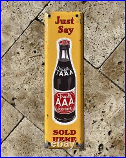 Vintage 1962 Triple AAA ROOT BEER Soda Painted Metal Gas Oil Door Push Sign Food