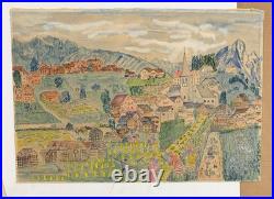 Vintage 1965 Naive Folk Art Village Landscape Farming Scene Signed