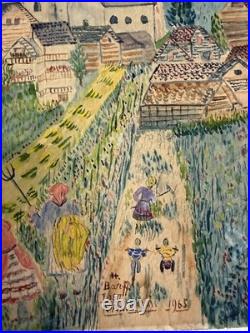 Vintage 1965 Naive Folk Art Village Landscape Farming Scene Signed