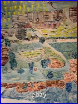Vintage 1965 Naive Folk Art Village Landscape Farming Scene Signed