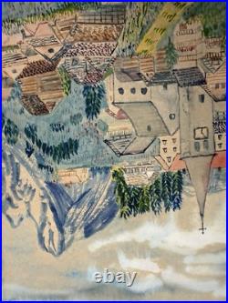 Vintage 1965 Naive Folk Art Village Landscape Farming Scene Signed