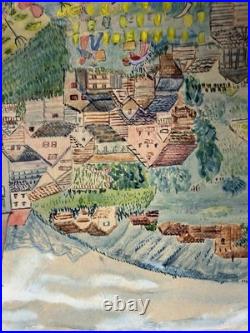 Vintage 1965 Naive Folk Art Village Landscape Farming Scene Signed