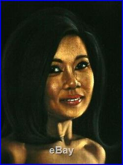 Vintage 1965 nude woman oil on velvet painting China Lee, signed by I. Kojima