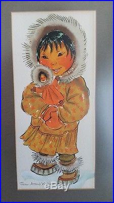 Vintage 1969 Joan Arend Kickbush Pair of Watercolor Signed Eskimo Children