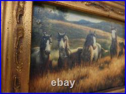 Vintage 1970 oil panel wild horses field painting signed
