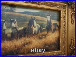 Vintage 1970 oil panel wild horses field painting signed