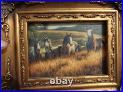 Vintage 1970 oil panel wild horses field painting signed