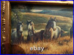 Vintage 1970 oil panel wild horses field painting signed