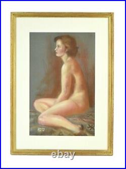 Vintage 1970's Pastel Painting Profile of Nude Brunette signed Beverly