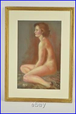 Vintage 1970's Pastel Painting Profile of Nude Brunette signed Beverly