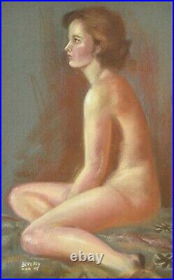 Vintage 1970's Pastel Painting Profile of Nude Brunette signed Beverly