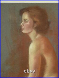 Vintage 1970's Pastel Painting Profile of Nude Brunette signed Beverly