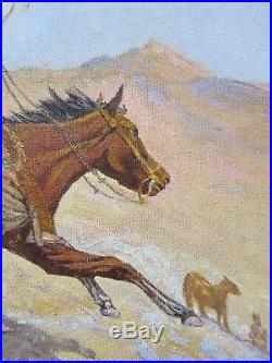 Vintage 1970's Western Cowboy, Horse, Oil Landscape Painting, Signed