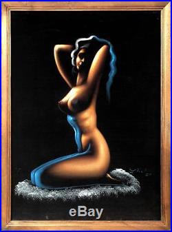 Vintage 1970's nude woman canvas Black Velvet painting signed Mexico framed