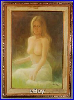 Vintage 1970s Artist Signed Sensual Nude Blonde Woman Portrait Oil Painting